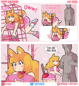 big_breasts black_eyes blonde_hair blush bottomwear breasts butt cage cleavage_cutout clothing collar crop_top curled_tail cutout dialogue duo ellipsis eyebrow_through_hair eyebrows eyelashes faceless_character faceless_human faceless_male female hair hoodie huge_breasts long_hair male miniskirt night pink_bottomwear pink_clothing pink_crop_top pink_shirt pink_skirt pink_topwear plunger plunger_on_butt red_collar shirt skirt standing stuck tail text thick_thighs tools topwear translucent translucent_hair onigiri_punch animal_humanoid canid canid_humanoid canine canine_humanoid dog_humanoid human humanoid mammal mammal_humanoid absurd_res comic english_text hi_res