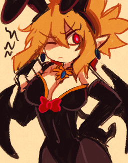 angry big_breasts blush bow_(feature) bow_tie breasts bunny_costume clothed clothing cosplay costume ear_piercing fake_ears fake_rabbit_ears female hair holidays moody navel not_furry piercing simple_background solo standing underwear wings homriette_(artist) easter halloween playboy demon humanoid lagomorph leporid mammal rabbit vampire 2018 digital_media_(artwork)