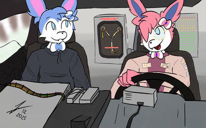 anthro black_clothing black_hoodie black_topwear blue_body blue_eyes blue_fur cable cable_tie car chatting clothing driving driving_car duo eyewear fangs flux_capacitor fur glasses holding_steering_wheel hoodie inside_car inside_vehicle led_light male male/male open_mouth pink_body pink_fur pokemorph puntero racing_suit steering_wheel teeth tongue topwear vehicle delorean nintendo pokemon delisylvi_(character) saubercalixto eeveelution generation_6_pokemon mammal pokemon_(species) shiny_pokemon sylveon 16:10 digital_drawing_(artwork) digital_media_(artwork) hi_res widescreen