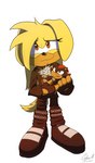 bangs black_body black_fur boots brown_eyes chain chest_tuft clothed clothing female fingerless_gloves footwear fur gloves hair handwear heart_in_pupils jacket plushie red_body red_fur shoes topwear tuft yellow_body yellow_fur codyf0xx sega sonic_the_hedgehog_(series) fan_character roxanne_the_dog shadow_the_hedgehog canid canine canis domestic_dog eulipotyphlan hedgehog mammal hi_res