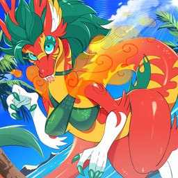 5_fingers anthro antlers bikini bikini_top blue_eyes breasts claws clothing eyelashes facial_markings female fingers fire forked_tongue glistening glistening_body green_claws green_hair hair head_markings horn looking_at_viewer markings medium_breasts multicolored_body nipple_outline non-mammal_breasts outside palm_tree plant pose red_body sharp_teeth sky smile smiling_at_viewer solo swimwear tail teeth thick_thighs tongue tree two-piece_swimsuit two_tone_body wide_hips yellow_body drawligator mythology dragon eastern_dragon mythological_creature mythological_scalie scalie 1:1 2025 digital_media_(artwork) hi_res