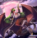 5_fingers anthro breasts eyebrows eyelashes female fingers green_eyes green_hair hair holding_melee_weapon holding_object holding_sword holding_weapon hooves melee_weapon membrane_(anatomy) membranous_wings smile solo sword weapon wings knight_dd all_the_king's_men monette 2021 digital_media_(artwork) hi_res