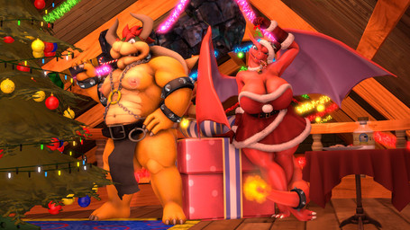 accessory anthro balls belt big_breasts bottomwear breasts cleavage clothed clothing duo female fire flaming_tail furgonomics genitals hair holidays horn huge_breasts jewelry loincloth looking_at_viewer male membrane_(anatomy) membranous_wings muscular muscular_male ring spikes tail tail_accessory tail_jewelry tail_ring wings tigura christmas mario_bros mythology nintendo pokemon bowser charizard dragon generation_1_pokemon koopa mythological_creature mythological_scalie pokemon_(species) scalie 16:9 3d_(artwork) crossover digital_media_(artwork) widescreen