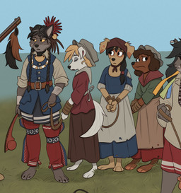 anthro arms_tied barefoot black_hair black_nose blonde_hair bottomwear bound braided_hair brown_body brown_fur brown_hair captured clothed clothing club_(weapon) colonial colonial_dress dress eyes_closed feet female folk_clothes fur grass grey_body grey_fur group gun hair hat headgear headwear indigenous jewelry leggings legwear long_hair melee_weapon musket native_american native_american_clothing necklace outside plant ranged_weapon rococo_clothing rope scared skirt sky tan_body tan_fur topwear tribal tribal_clothing tribal_jewelry tribal_necklace united_states_of_america vest weapon white_body white_fur yellow_eyes masterdoodlejoe80062 canid canine canis domestic_dog mammal wolf english_description hi_res