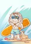 anthro beard beard_ponytail clothing facial_hair fur male muscular muscular_anthro muscular_male swimwear water white_beard white_body white_facial_hair white_fur raymond158 league_of_legends riot_games tencent rengar_(lol) felid feline lion mammal pantherine