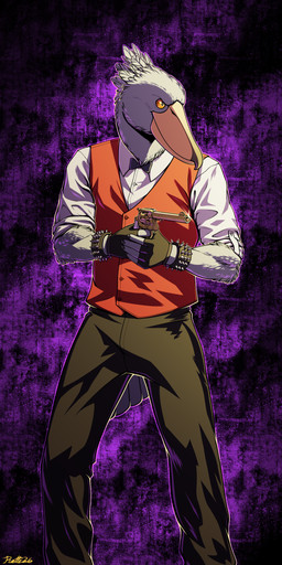 bottomwear bow_tie bracelet clothing collared_shirt dress_shirt fingerless_gloves gloves gun handgun handwear holding_gun holding_object holding_ranged_weapon holding_weapon jewelry male pants purple_background ranged_weapon revolver rolled_up_sleeves shirt shoebill_(rainbow_shoebill) simple_background solo spiked_bracelet spikes standing topwear valet vest water weapon conditional_dnp ratte grand_theft_auto grand_theft_auto_v rockstar_games avian bird pelecaniform shoebill 1:2 2026 absurd_res hi_res portrait three-quarter_portrait