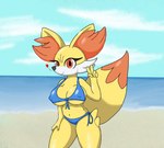 anthro anthrofied beach big_ears big_tail bikini breasts clothing female fluffy fluffy_tail fur gesture hand_gesture hand_on_leg inner_ear_fluff looking_at_viewer nipple_outline pokemorph sea seaside solo swimwear tail tuft two-piece_swimsuit v_sign water yellow_body yellow_fur poraka7 nintendo pokemon canid canine fennec_fox fennekin fox generation_6_pokemon mammal pokemon_(species) true_fox