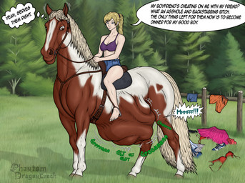 abdominal_bulge belly big_belly blonde_hair brown_body brown_fur dialogue duo female female_prey feral feral_pred fur hair human_prey larger_feral larger_pred male male_pred profanity rumbling_stomach size_difference speech_bubble struggling struggling_prey text thought_bubble vore white_body white_fur dragonczech equid equine horse human mammal english_text hi_res
