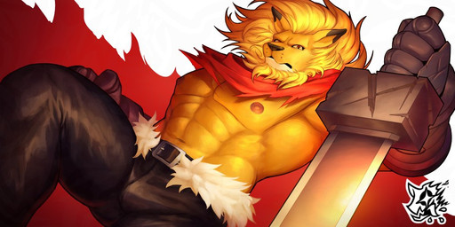 abs anthro black_ear_tips black_nose blonde_mane bottomwear clothing dipstick_ears ear_markings male mane markings melee_weapon multicolored_ears muscular muscular_anthro muscular_male nipples pants solo sword weapon hierotubas bandai_namco digimon digimon_(species) leomon 2:1 signature