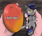 amber_eyes blue_hair duo fangs female feral food fruit fur grey_body grey_fur hair holding_character holding_object hooves mango_(fruit) plant pupils slit_pupils teeth chopsticks-pony hasbro my_little_pony echo_(oc) bat_pony equid mammal hi_res meme