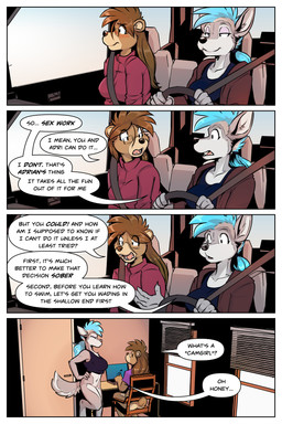 5_fingers anthro blue_hair brown_body brown_fur brown_hair car chair clothing computer dialogue driving duo electronics eyewear female fingers fur furniture glasses grey_body grey_fur hair hand_on_hip hand_on_own_hip inside inside_car inside_vehicle laptop mohawk ponytail shirt sitting speech_bubble t-shirt tail tan_body tan_fur teeth text tongue topwear vehicle conditional_dnp jonas rick_griffin ah_club eliza_jones hildegard_rothschild bear canid canine canis mammal wolf comic english_text hi_res