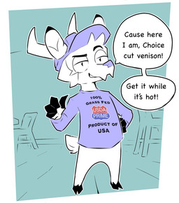 anthro antlers baseball_cap chair clothing dialogue furgonomic_headwear furgonomics furniture hat headgear headwear hooves horn male shirt solo speech_bubble standing text text_on_clothing text_on_shirt text_on_topwear topwear white_body mardymuntjak deer mammal 2026 english_text hi_res