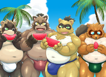 anthro asian_clothing beach belly big_belly biped blue_clothing blue_eyes blue_fundoshi blue_underwear bulge clothing detailed_bulge east_asian_clothing eating food front_view fruit fundoshi green_clothing green_eyes green_fundoshi green_underwear group japanese_clothing kemono male melon moobs navel overweight overweight_male palm_tree plant red_clothing red_fundoshi red_underwear standing tree underwear watermelon watermelon_slice white_clothing white_fundoshi white_underwear rockmai3 sengoku_puzzle matsudaira_hirotada shadow_ieyasu tokugawa_ieyasu canid canine mammal raccoon_dog tanuki 2025 absurd_res hi_res