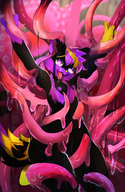ahegao anthro blonde_hair ear_penetration fur genitals hair heart_eyes heart_pupils heart_symbol looking_pleasured male penetration penis purple_body purple_eyes purple_fur purple_hair restrained restrained_by_tentacles solo tentacle_in_ear tentacle_penetration tentacles xiiiofi piff_(pifftheboio) absurd_res hi_res
