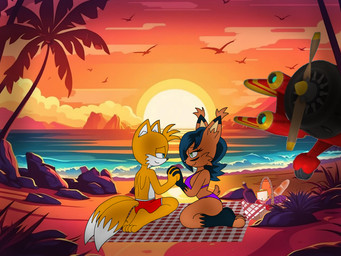 4_toes anthro barefoot basket beach bedding big_breasts bikini black_hair black_nose blanket breasts brown_body brown_fur butt closed_smile clothed clothing container duo feet female fingers food fur hair half-closed_eyes hand_holding kneeling looking_at_another male male/female mouth_closed narrowed_eyes outside paws picnic picnic_basket picnic_blanket plant plantigrade sand seaside smile soles sunset swimming_trunks swimwear tail thick_thighs toes tornado tree two-piece_swimsuit water white_body ai_assisted ai_generated_background mastermochikun weebmochi69 yaboiskywardmochi1998 archie_comics sega sonic_the_hedgehog_(archie) sonic_the_hedgehog_(comics) sonic_the_hedgehog_(series) miles_prower nicole_the_lynx canid canine digital_creature felid feline fox lynx mammal 4:3 absurd_res digital_media_(artwork) hi_res