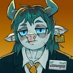 anthro blue_eyes clothed clothing ear_piercing ear_tag hair inner_ear_fluff looking_at_viewer male name_tag necktie piercing simple_background solo text tired tired_eyes topwear tuft tass_the_bovine taloss bovid bovine cattle mammal 1:1