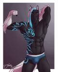 5_fingers abs anthro biceps black_body black_fur black_skin blue_eyes blue_hair bulge clothed clothing eyebrows fingers fist flexing fur gloves_(marking) grey_background hair hand_behind_head head_tuft looking_at_viewer male markings multicolored_hair muscular muscular_anthro muscular_male pose simple_background smile smirk snout solo standing tattoo topless tribal tribal_tattoo tuft two_tone_hair underwear white_body white_fur white_hair white_skin feralise equid equine horse mammal 2018 4:5