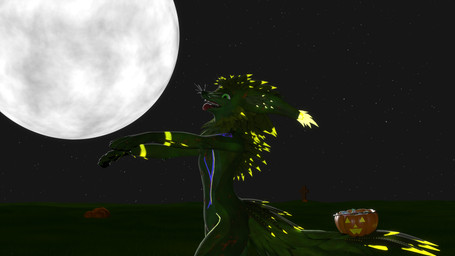 5_fingers anthro bioluminescence candy clothing cosplay costume cross dessert fangs feathers fingers food fruit fur glowing green_body green_fur halloween_costume holidays male markings moon night paws plant pretending pumpkin sky solo tail teeth tongue tongue_out trick-or-treating tuft yellow_body yellow_fur lex-ion halloween rexouium undead zombie 16:9 3d_(artwork) 4k absurd_res blender_(artwork) blender_cycles_(artwork) digital_media_(artwork) hi_res widescreen