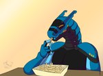 anthro black_body blue_body eating eating_food eyes_closed french_fry happy male markings raharu95 solo visor yellow_markings wicked_whiskers zgf_art synth_(vader-san) 2025 absurd_res hi_res