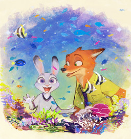4_fingers amazed anthro clothed clothing dipstick_ears duo ear_markings female fingers fur green_eyes grey_body grey_fur male multicolored_ears necktie open_mouth open_smile orange_body orange_fur purple_eyes shirt smile t-shirt topwear neo_(pixiv_605857) disney zootopia judy_hopps nick_wilde acanthurid aquatic canid canine clownfish fish fox lagomorph leporid mammal pomacentrid rabbit red_fox regal_tang true_fox 2016