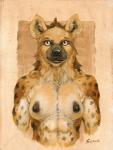 2018 abs amber_eyes anthro black_nose breasts brown_body brown_fur clothed clothing female fur hyena looking_at_viewer mammal mohawk muscular muscular_anthro muscular_female nipples scale_(artist) smile solo spots spotted_hyena topless traditional_media_(artwork) whiskers