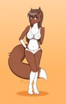 anthro blue_eyes blush bottomwear bra brown_body brown_fur brown_hair clothing female fur hair long_hair panties shy smile solo underwear white_body white_clothing white_fur white_underwear zowslli sara_(szarik181) canid canine canis mammal wolf absurd_res hi_res