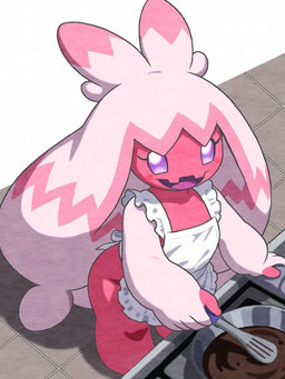 apron apron_only blush candy chocolate clothing cooking dessert eyelashes female food hair kitchen kitchen_utensils looking_at_viewer open_mouth pink_body pink_hair purple_eyes solo teeth tongue tools pocklekorpokkur nintendo pokemon generation_9_pokemon humanoid pokemon_(species) tinkaton 2026 3:4