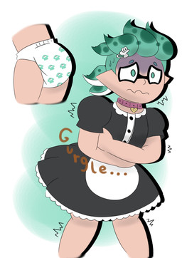 clean_diaper clothed clothing collar collar_tag cutaway diaper diaper_under_clothing green_eyes maid_uniform male omorashi poop_desperation printed_diaper pseudo_hair shaking solo sound_effects tentacle_hair tentacles trembling uniform wearing_diaper cookiepamps nintendo splatoon levi_(fatcat4t4) aquatic cephalopod humanoid mollusk octarian octoling 2025 absurd_res digital_drawing_(artwork) digital_media_(artwork) hi_res