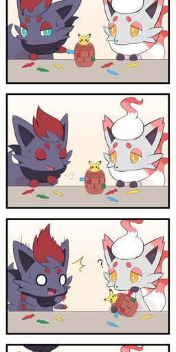 black_nose blue_eyes bodily_fluids cute_fangs dipstick_ears duo ear_markings fangs feral fur grey_body grey_ears grey_fur multicolored_ears open_mouth orange_eyes red_body red_ear_tips red_fur sweat sweatdrop teeth toy white_body white_fur kemonobito nintendo pokemon generation_1_pokemon generation_5_pokemon generation_8_pokemon hisuian_form hisuian_zorua pikachu pokemon_(species) regional_form_(pokemon) zorua 4koma comic hi_res