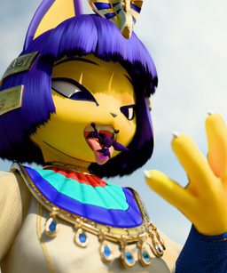 anthro black_body black_fur blue_eyes blue_hair blue_nose close-up clothing collar cosmic_hair dipstick_tail duo egyptian egyptian_clothing ethereal_hair extreme_size_difference fangs female fur fur_markings hair halo happy imminent_vore larger_pred male male/female markings micro mouth_shot multicolored_body open_mouth oral_vore purple_body purple_fur purple_mouth safe_vore shrunk simple_background size_difference smug soft_vore tail tail_markings teeth tongue two_tone_body vore vore_tease wristband yellow_body yellow_fur kitsunaki_(artist) warfaremachine_(modeler) animal_crossing nintendo ankha_(animal_crossing) kitsunaki warfare_ankha canid canine domestic_cat felid feline felis fox mammal rexouium 2026 3d_(artwork) 5:6 blender_(artwork) digital_media_(artwork) headshot_portrait hi_res portrait shaded