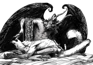 anthro duo erection fur genitals horn lying male male/male nipples nude on_back penis simple_background skinny tail text white_background wings scuotivento canid canine canis demon fox mammal wolf absurd_res digital_media_(artwork) english_text hi_res monochrome