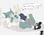 2021 5:4 absurd_res anthro anthro_on_anthro beastars bottomwear canid canine canis clothed clothing crossdressing dialogue domestic_rabbit dress duo dwarf_rabbit english_text female footwear fully_clothed fur grey_body grey_fur haru_(beastars) hi_res interspecies lagomorph larger_male legoshi_(beastars) leporid male male/female mammal oryctolagus pants partially_clothed predator/prey rabbit role_reversal shirt shoes size_difference smaller_female taiarts text topwear trans_(lore) trans_woman_(lore) vest white_body white_clothing white_dress white_fur wolf