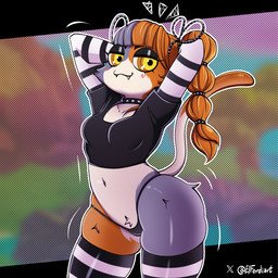 arm_warmers armwear bangs bedroom_eyes blush breasts choker clothing collar crop_top curvy_figure fangs female hair hand_behind_head jewelry legwear long_hair looking_at_viewer narrowed_eyes necklace pose seductive shirt small_breasts solo teeth thick_thighs thigh_highs thong topwear twintails_(hairstyle) underwear yellow_eyes elferdiart epic_games fortnite meow_skulls calico_cat domestic_cat felid feline felis humanoid mammal 1:1 hi_res