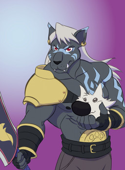 anthro armor bare_chest black_body black_fur ear_piercing ear_ring fur hair male melee_weapon muscular muscular_anthro muscular_male nipples pauldron piercing red_eyes ring_piercing solo sword tusks weapon white_hair furrarth bandai_namco digimon digimon_beatbreak digimon_(species) felid feline mammal murasamemon hi_res