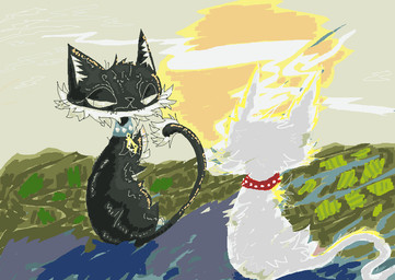 ambiguous_gender black_body black_fur blue_collar collar detailed_background duo feral fur grass outside plant red_collar sitting sun white_body white_fur naircat domestic_cat felid feline felis mammal 2017 digital_media_(artwork) microsoft_paint_(artwork)