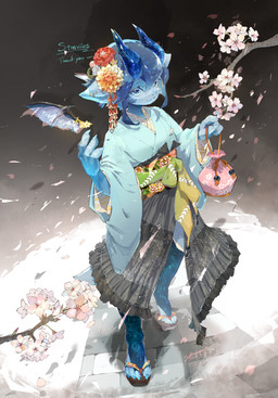 4_fingers 4_toes anthro asian_clothing blue_body blue_eyes blue_hair cherry_blossom cherry_blossom_tree cherry_tree clothed clothing detailed_background east_asian_clothing feet female fingers flower footwear fruit_tree hair horn japanese_clothing kimono petals plant prunus_(flower) purse sandals shoes solo toes tree wings milupun15 mythology liteee_(sona) dragon mythological_creature mythological_scalie scalie hi_res