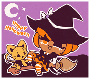bell bell_collar biped border bow_ribbon broom broom_riding cat_tail cleaning_tool clothing collar cosplay costume dress duo eyelashes female hair halloween_costume hat headgear headwear holidays legwear on_model one_eye_closed orange_eyes orange_hair pattern_clothing pattern_legwear pattern_stockings plushie stockings striped_clothing striped_legwear striped_stockings stripes text whiskers white_border wink witch_costume witch_hat yellow_body soff_dollr cookie_run devsisters halloween pompon_(cookie_run) pumpkin_pie_cookie humanoid 2025 artist_name digital_drawing_(artwork) digital_media_(artwork) english_text flat_colors