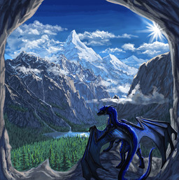 ambiguous_gender black_body black_scales blue_body blue_eyes blue_hair blue_scales cave cloud day detailed_background feral forest hair horn lake membrane_(anatomy) membranous_wings mountain nude plant scales sky solo standing sun tail tree wings aaros mythology dragon mythological_creature mythological_scalie scalie hi_res