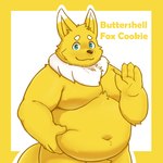 1:1 2022 anthro belly binca_233 buttershell_fox canid canine cookie_run fox hi_res male mammal nude overweight overweight_male solo text yellow_body