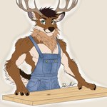 3_fingers anthro antlers black_hair board brass carpenter clothing denim fingers fluffy green_eyes hair horn male muscular muscular_male neck_tuft overalls overalls_only shirtless simple_background solo tuft wood deerwalker cervine deer mammal new_world_deer white-tailed_deer 1:1 hi_res