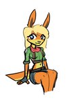 anthro blonde_hair breasts clothed clothing female fingerless_gloves fur gloves hair handwear midriff navel orange_body orange_fur scarf simple_background sitting solo white_background spacedimsum jak_and_daxter naughty_dog sony_corporation sony_interactive_entertainment tess_(jak_and_daxter) mammal mustelid ottsel digital_media_(artwork)