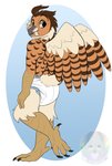 anthro beak black_claws brown_body brown_feathers claws clothed clothing diaper feathered_wings feathers feet looking_back male multicolored_body multicolored_feathers orange_body orange_feathers simple_background solo standing tail tail_feathers talons tan_body tan_eyes tan_feathers three-quarter_view toes wearing_diaper wings rileykit avian bird great_horned_owl horned_owl owl true_owl hi_res watermark