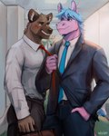 anthro biped blush bodily_fluids clothed clothing duo_focus fur group hair male male/male male_anthro necktie office shirt tail topwear trio szoch aggretsuko sanrio anai_(aggretsuko) haida_(aggretsuko) tadano_(aggretsuko) asinus badger canid canine donkey equid equine hyena mammal meles mustelid musteline absurd_res hi_res