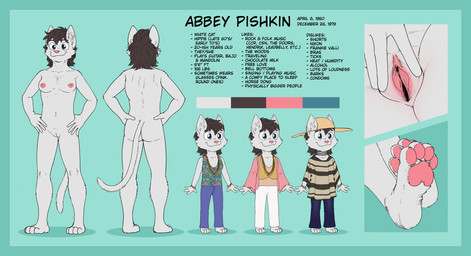 alternative_fashion anthro beaded_jewelry beaded_necklace beads black_hair blue_border blue_eyes border breasts butt chibi clothing feet female foot_focus fur genitals hair hands_on_hips hat headgear headwear hippie jewelry necklace nude paisley_pattern pawpads paws smile soles solo spread_vulva spreading sun_hat toes vulva white_body white_fur achromasloth abbey_pishkin domestic_cat felid feline felis mammal absurd_res hi_res model_sheet