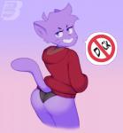 anthro butt butt_pose choker clothing ear_tuft female fur hoodie jewelry looking_at_viewer looking_back necklace panties pose purple_body purple_eyes purple_fur rear_view simple_background smile smug solo speech_bubble stated_homosexuality stated_sexuality topwear tuft underwear whiskers youtuber bluebreed katzun domestic_cat felid feline felis mammal 2018 hi_res