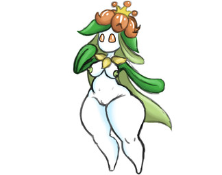breasts female genitals green_hair green_nipples hair leaf leaf_arms nipples orange_eyes solo vulva white_body tibbs nintendo pokemon generation_5_pokemon lilligant pokemon_(species) hi_res