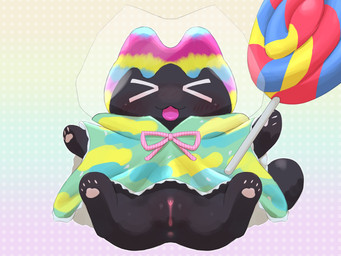 >_< candy clothed clothed_feral clothing dessert eyes_closed female feral food genitals humanoid_genitalia humanoid_vulva lollipop solo vulva beageiso yu-gi-oh! lollipo_yummy domestic_cat felid feline felis mammal 4:3 absurd_res hi_res