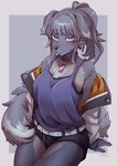 anthro bottomwear breasts chest_tuft clothed clothing collar dog_tags eyeshadow female fishnet_clothing fishnet_legwear fur grey_body grey_fur grey_hair hair jacket kemono legwear makeup ponytail purple_eyes shirt shorts sitting solo tank_top tired_eyes topwear tuft ayabemiso canid canine canis domestic_dog mammal hi_res