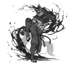 anthro armor clothing fighting_pose horn male muscular muscular_male pose scarf smile solo tail almondpidor senlong hybrid absurd_res digital_media_(artwork) hi_res monochrome