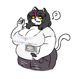 alternative_fashion anthro belly big_breasts biped black_bottomwear black_clothing black_hair black_jeans black_pants bottomwear breasts cellphone cleavage clothed clothing collar denim denim_bottomwear denim_clothing electronics eyelashes female goth hair highlights_(coloring) holding_cellphone holding_object holding_phone holding_smartphone jeans looking_aside makeup mascara medium_hair overweight overweight_anthro overweight_female pants phone pink_highlights question_mark shirt smartphone solo spiked_collar spikes standing t-shirt tail text text_on_clothing text_on_shirt text_on_topwear thick_thighs three-quarter_view topwear torn_bottomwear torn_clothing torn_jeans torn_pants yellow_sclera dorkass deltarune undertale_(series) catti_cattenheimer domestic_cat felid feline felis mammal 2023 arabic_text digital_drawing_(artwork) digital_media_(artwork) portrait three-quarter_portrait